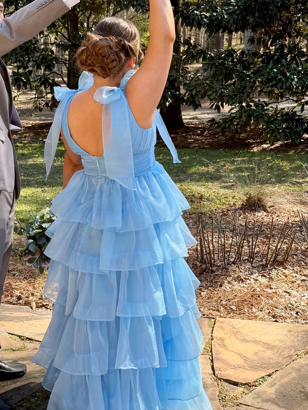 Light Blue Ruffled Tulle Prom Dress with Shoulder Bows